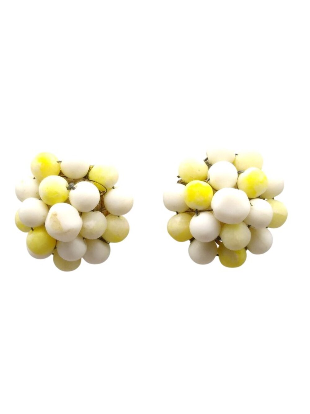 Vintage Bead Cluster Earrings, Classic White and Yellow Clip Ons from MCM
